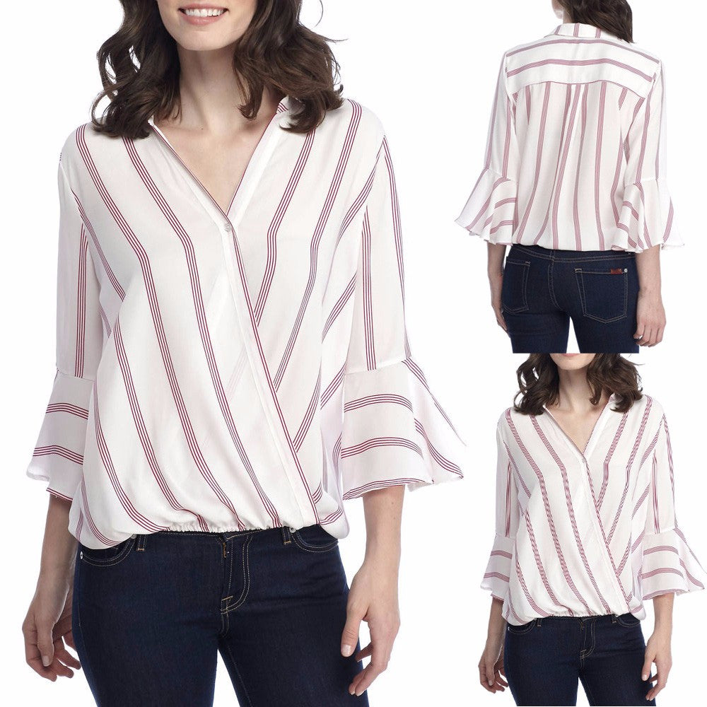 Womens Sexy Ladies Casual Striped Shirt Three Quarter Sleeve Top Tank Blouse